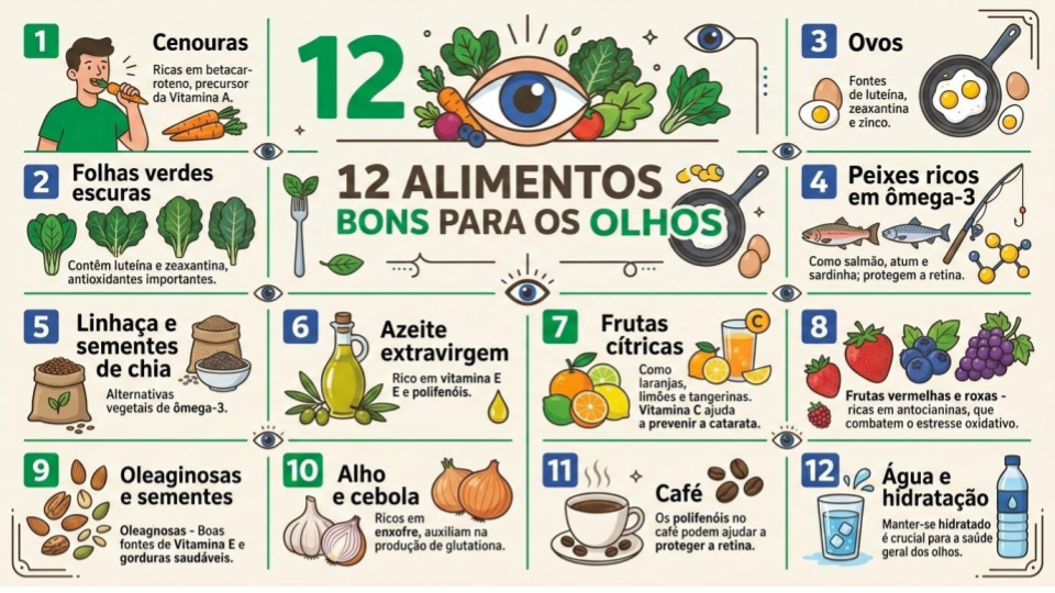Este infográfico apresenta uma lista de alimentos benéficos para a saúde ocular, destacando seus nutrientes e propriedades específicas.