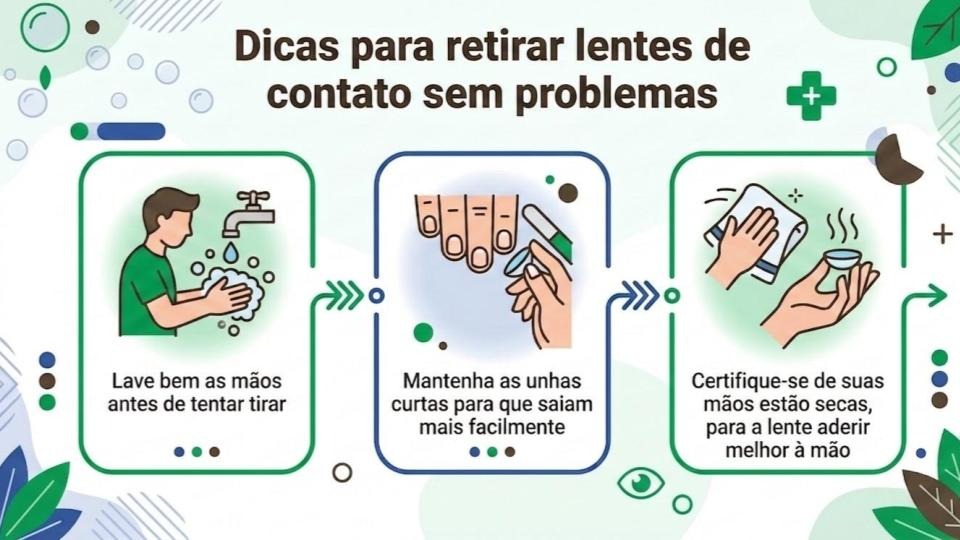 A imagem é um infográfico com dicas para retirar lentes de contato sem problemas. O layout é horizontal, com fundo claro e elementos gráficos em verde e azul, lembrando material educativo de saúde.