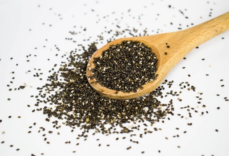 Sementes de chia (alimento rico em Ômega 3), em uma colher de pau