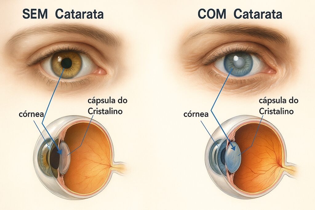 Representação visual de um olho com catarata e outro olho saudável, mostrando também o cristalino.