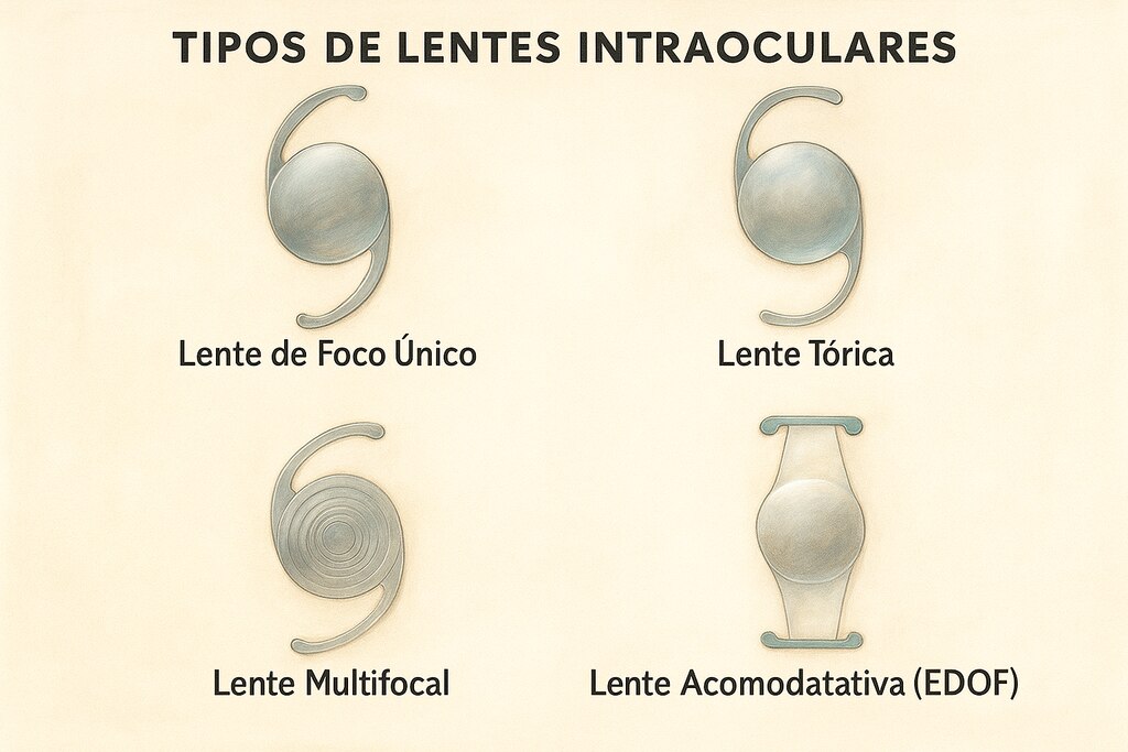 Os 4 tipos de lentes intraoculares , representadas em seus diferentes formatos e com nomes referentes a cada uma em baixo.