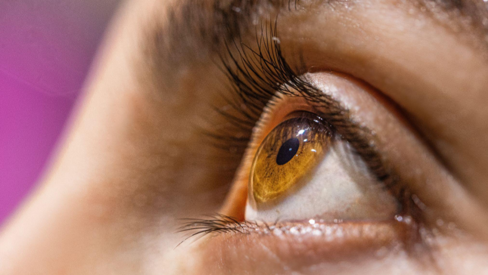 A imagem apresenta uma fotografia em macro e em perfil (visão diagonal/lateral) de um olho humano aberto, focando nos detalhes da íris e dos cílios.