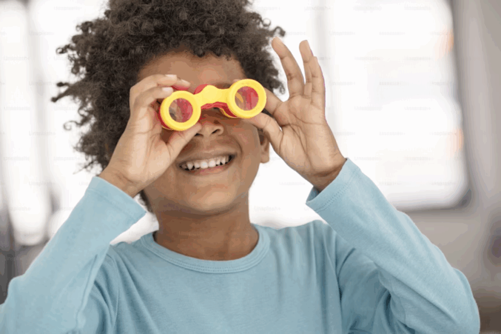 A imagem mostra uma criança sorridente usando um binóculo de brinquedo, simbolizando curiosidade e interesse visual. A cena representa a importância de estimular e observar a saúde dos olhos de forma lúdica, especialmente no contexto do retorno às aulas.