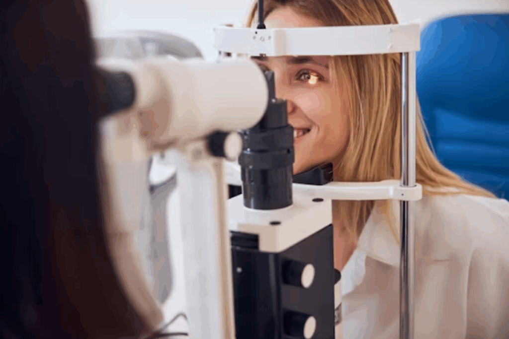 O olho da paciente está sendo iluminado por uma luz intensa, evidenciando o processo de análise da parte anterior do olho — como córnea, cristalino e íris — e também possibilitando a detecção de doenças como glaucoma, catarata, infecções ou outras condições oftalmológicas.