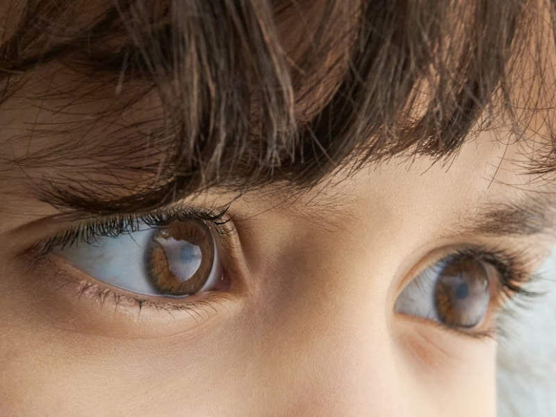 A imagem mostra um close-up dos olhos de uma criança, revelando detalhes dos olhos castanhos bem iluminados e saudáveis. O olhar atento e curioso da criança transmite a importância da visão no desenvolvimento, aprendizado e percepção do mundo ao redor.