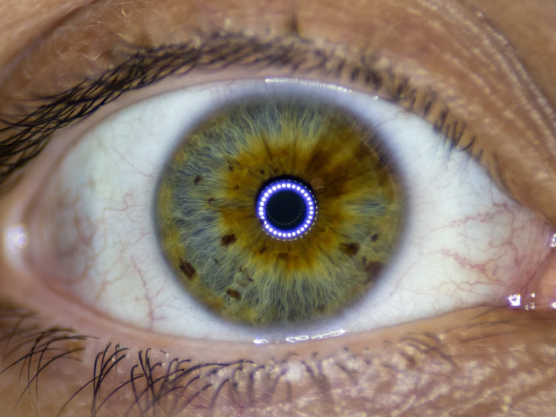 A imagem é um close-up detalhado de um olho humano com uma íris de cor mista, com tons de verde, marrom e um anel dourado em torno da pupila.