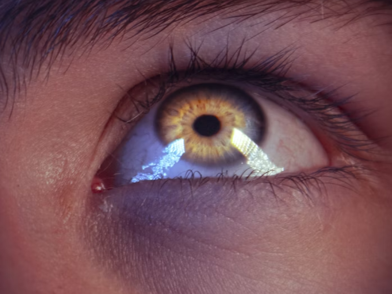 Esta imagem mostra um close-up de um olho humano, com foco na íris e na pupila, capturando detalhes impressionantes da estrutura ocular.