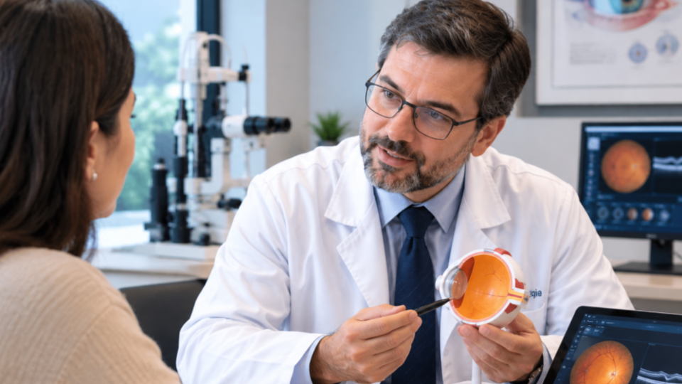 A imagem apresenta uma consulta num consultório de oftalmologia.