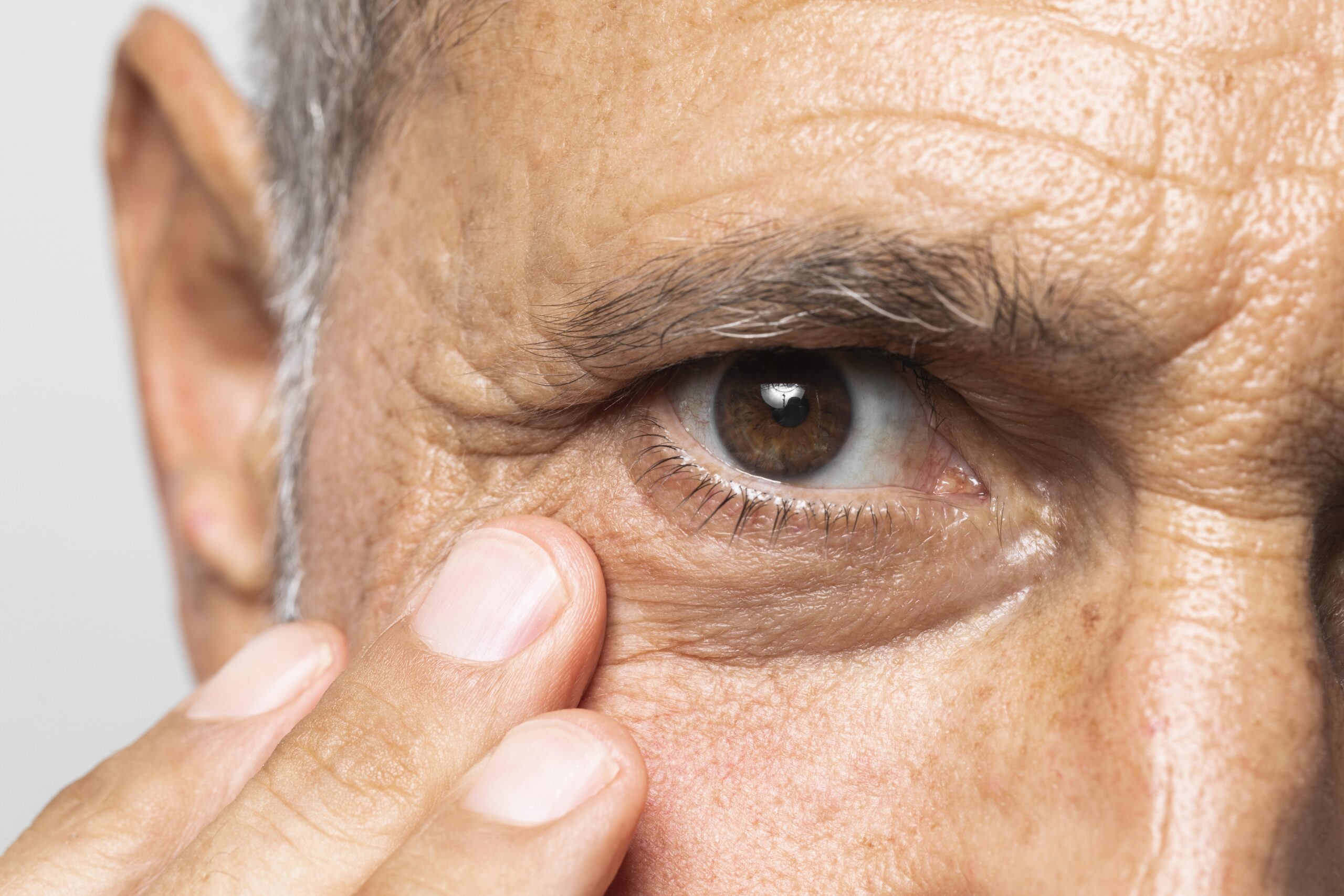 A imagem é um close-up extremo do rosto de um homem idoso ou de meia-idade, focando na região de um dos olhos.