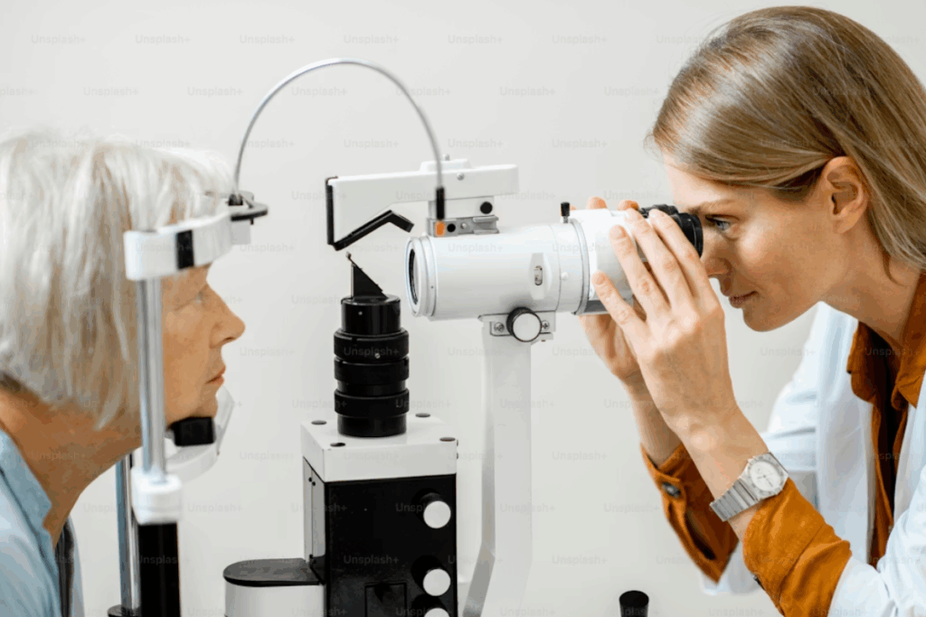 A imagem é uma representação de um exame oftalmológico, especificamente o uso de uma Lâmpada de