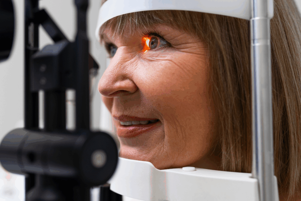 A imagem mostra uma mulher realizando um exame oftalmológico com um aparelho conhecido como lâmpada de fenda.