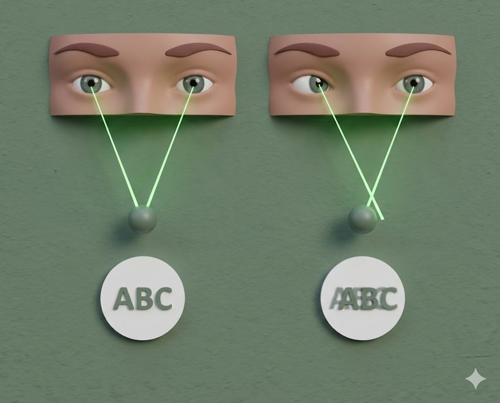 Imagem mostra a diferença entre a visão considerada normal e a diplopia, também chamada de visão dupla.