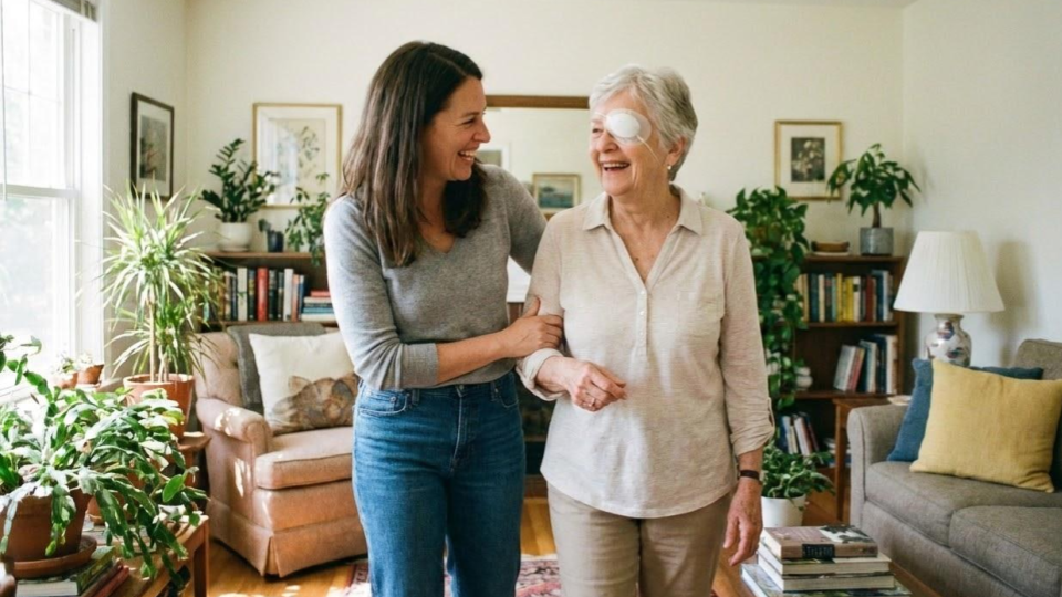 À direita, há uma senhora idosa com cabelos curtos e grisalhos, usando uma blusa de manga longa em tom claro e calça bege. Ela está com um curativo ou tampão ocular cobrindo um dos olhos, sugerindo que passou por algum procedimento médico ou está em recuperação. Apesar disso, ela sorri amplamente, demonstrando alegria e tranquilidade.