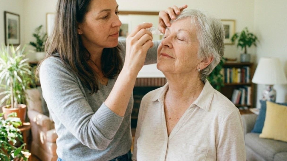 Uma mulher idosa, de cabelos curtos e grisalhos,sorri com entusiasmo. Ela usa uma blusa clara de botões, calças bege e possui um curativo (tampão) branco sobre o olho direito.