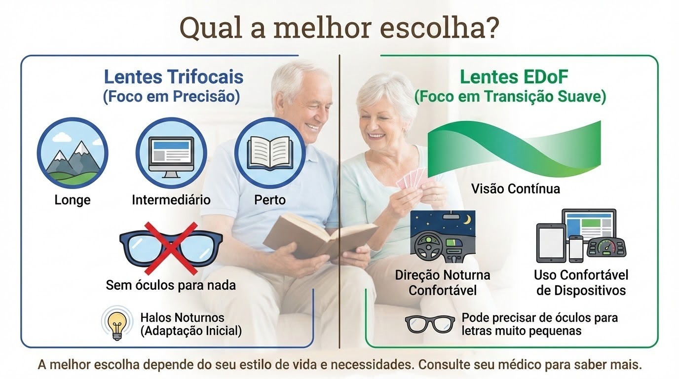 As imagens fornecidas compõem um material educativo sobre saúde ocular, com foco na prevenção de riscos associados à alta miopia e na escolha de lentes corretivas.