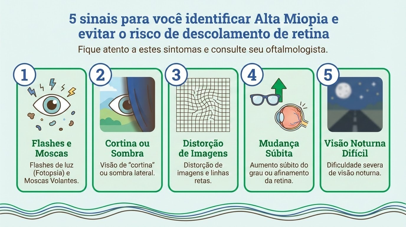 O infográfico apresenta orientações sobre como identificar a Alta Miopia e prevenir o descolamento de retina, listando cinco sinais de alerta que exigem uma consulta com um oftalmologista.