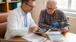 Esta imagem retrata uma consulta médica profissional e acolhedora, focada na interação entre médico e paciente.