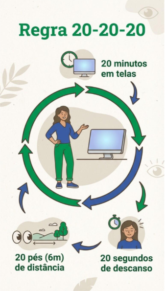 A imagem é um infográfico educativo que apresenta a chamada “Regra 20-20-20”, voltada para o cuidado com os olhos durante o uso de telas.