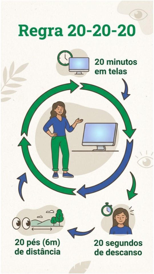 Esta é uma peça educativa visual voltada para a saúde ocular e a prevenção do cansaço visual causado pelo uso excessivo de dispositivos digitais.