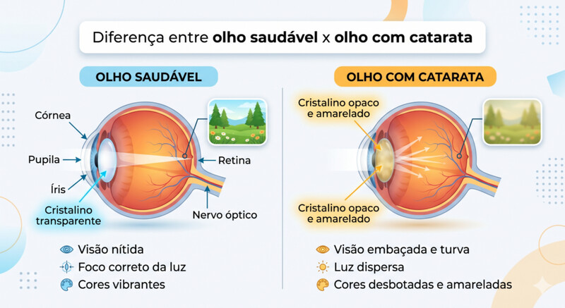 imagem ilustrativa indicando a diferença entre um olho saudável e um olho com catarata