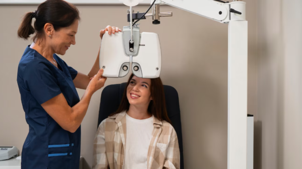 Mostra uma consulta oftalmológica em que uma médica ou técnica (à esquerda), vestindo um uniforme azul-escuro, ajusta um refrator digital (equipamento de exame de vista) em frente ao rosto de uma paciente jovem sentada. A paciente sorri de forma amigável, indicando um atendimento médico humanizado e tranquilo.