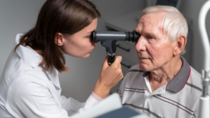 médica ou optometrista jovem, de jaleco branco, realiza um exame ocular em um paciente idoso utilizando um dispositivo óptico manual. O homem está sentado e olha fixamente para a frente em um consultório clínico bem iluminado.