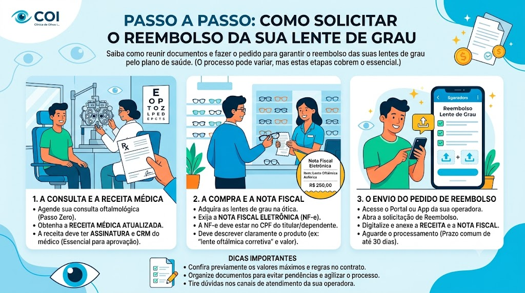 A imagem é um infográfico informativo da COI (Clínica de Olhos) com o título "PASSO A PASSO: COMO SOLICITAR O REEMBOLSO DA SUA LENTE DE GRAU".