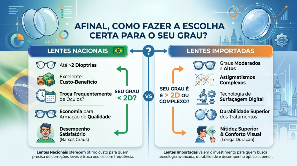 Esta imagem apresenta um infográfico explicativo e comparativo orientado à escolha de lentes de óculos, dividindo-se entre Lentes Nacionais e Lentes Importadas.