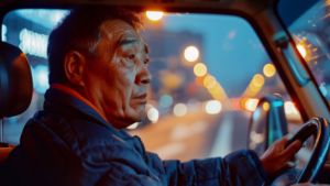 A imagem mostra um homem de meia-idade a idoso, de etnia leste-asiática, dirigindo um veículo à noite em uma área urbana.